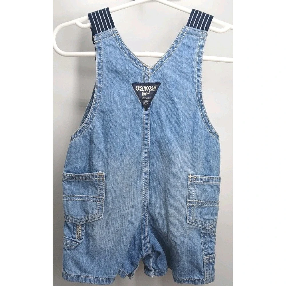 OshKosh B'gosh Denim Overall Shorts Romper One-Piece 6 Mo Baby Sewn On Logo